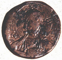 One of the 'Jesus coins' found this year in the excavations of ancient Tiberias on the Sea of Galilee. The coin was minted in Constantinople in the 11th century and was probably brought to Tiberias by a Christian pilgrim. The obverse side (shown) bears the likeness of Jesus, and the other an inscription reading 'Jesus Christ King of Kings.'