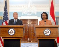 Secretary Rice with Egyptian Foreign Minister Ahmed Aboul Gheit speak to the press after their meeting. State Department photo by Michael Gross. Washington, DC, July 18, 2006.