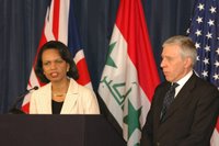 Baghdad, Iraq, April 3, 2006, Secretary Rice and British Foreign Secretary Jack Straw speaking at a press conference in Baghdad, Iraq. DoD photo.