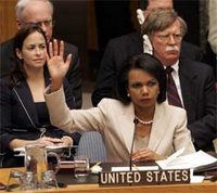 Secretary Rice votes on resolution about Lebanon during UN Security Council meeting at the United Nations in New York, Aug. 11, 2006. [© AP/WWP]