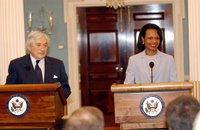 Secretary Rice and Special Envoy for Gaza Disengagement James Wolfensohn speak to the press after their meeting. State Department photo by Michael Gross. The Treaty Room, Washington, DC, May 1, 2006