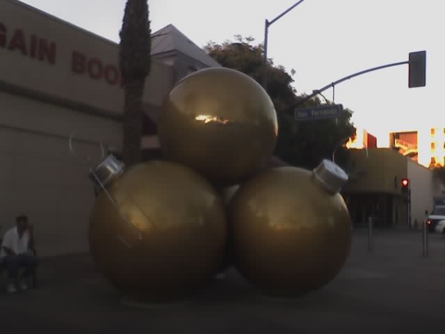 Giant Christmas tree ornaments in downtown Burbank