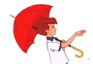 Christopher Robin holding a red umbrella with a hand out checking for rain