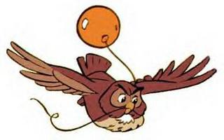 Owl flying with a balloon in his beak