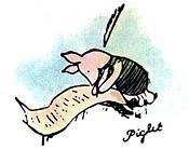 Piglet wiritng with a quill on a scroll above his signature