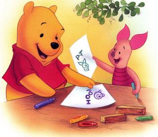 Winnie the Pooh and Piglet drawing with crayons at a table