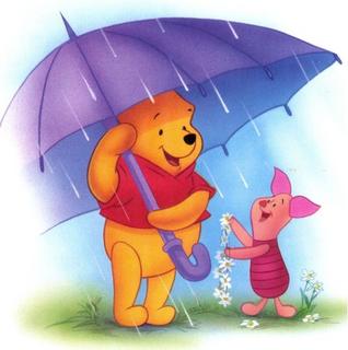 Winnie the Pooh holding an umbrella, Piglet holding a chain of flowers, both standing in the rain