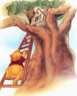 Winnie the Pooh and Piglet climbing a ladder to a tree house