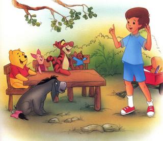 Winnie the Pooh, Piglet, Eeyore, Tigger and Roo sitting at a table while Christopher Robin talks to them with a wagon in the background