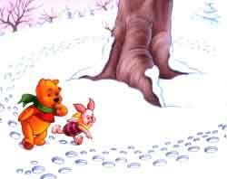 Winnie the Pooh and Piglet walking in the snow around a tree