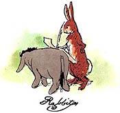 Rabbit writing with a quill on a scroll, on Eeyore's back, above his signature