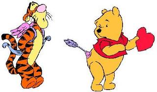 Tigger holding a bow while Winnie the Pooh has a suction arrow stuck to him, and holds a heart