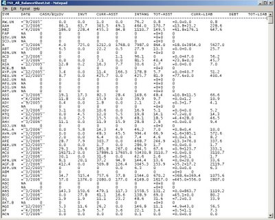 Screen shot of output (text) file containing Balance Sheet data