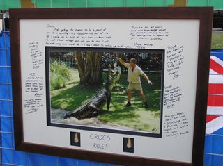 Staff made a framed photo of Steve feeding a croc, adorned with crocodile teeth and personal messages