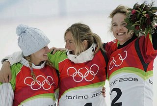 Snowboardcross medal winners Lindsey Jacobellis (silver), Tanja Frieden (gold), and Dominique Maltais (bronze). This is what the Olympics are really all about – the friendships and the experience of being there. 