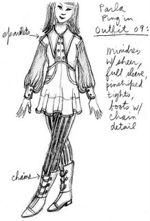 Parla Ping sketch: Minidress with sheer, full sleeve and epaulets, pinstriped tights, boots with chain detail