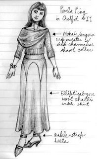 Parla Ping Sketched in Outfit #11: Mohair/angora crop sweater with silk charmeuse shawl collar, elliptical-gore wool challis ankle skirt, ankle-strap heels