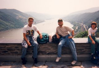 Noah and Greg with view of Rhein River from castle hostel