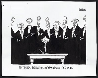 This image is a political cartoon by Ann Telnaes (10/21/05) it shows a caricature of President Bush seated at a table facing the audience and behind him is a phalanx of dark suited grinning men. Each of the men behind the president is labled 'GUY' and the caption reads 'The PARTIAL BIRTH ABORATION BAN signing ceremony'.