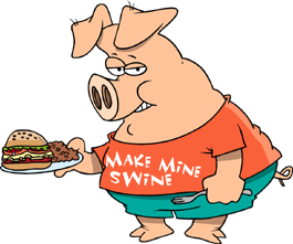 Clipart of a pig holding a plate of burgers