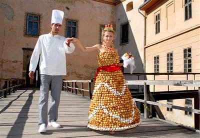 Wedding dress made of cream puffs.