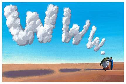 un hombre dibuja sobre el cielo las iniciales de world wide web