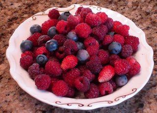 Blueberries, raspberries and mini strawberries from our garden
