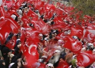 People wave Turkish flags during an anti-Pope rally organised by the Islam-based Welfare Party in Istanbul November 26, 2006. Pope Benedict XVI is expected to arrive in Turkey on Tuesday. (Pawel Kopczynski/Reuters)