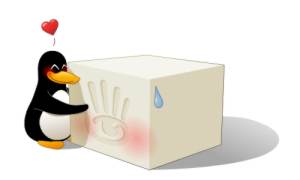A cartoon penguin hugging a brick of tofu imprinted with the Second Life logo.