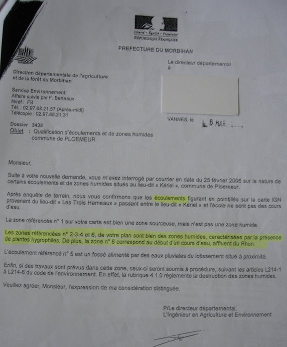 La preuve: la lettre de la DDAF qui confirme la présence de zones humides (4) à Kériel-Kerduellic