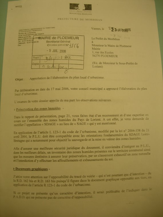 demande de modifications par le préfet du PLU approuvé (lettre du 3 juillet 2006)