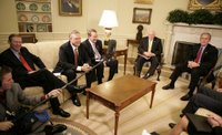 President George W. Bush and Vice President Dick Cheney meet with automotive CEOs Tuesday, Nov. 14, 2006, in the Oval Office. From left are: Ford CEO Alan Mulally, Chrysler Group President and CEO Tom LaSorda, and General Motors Chairman and CEO Rick Wagoner. White House photo by Kimberlee Hewitt.