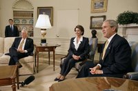 President George W. Bush meets with Congresswoman Nancy Pelosi (D-Calif.) and Congressman Steny Hoyer (D-Md.) in the Oval Office Thursday, Nov. 9, 2006. 'First, I want to congratulate Congresswoman Pelosi for becoming the Speaker of the House, and the first woman Speaker of the House. This is historic for our country,' President Bush said. He also stated, 'This is the beginning of a series of meetings we'll have over the next couple of years, all aimed at solving problems and leading the country.' White House photo by Eric Draper.