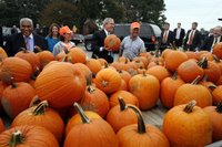 President George W. Bush picks through a patch of pumpkins at a roadside stand with owner Bill Gaulmyer in Richmond, Va., Thursday, Oct. 19, 2006. White House photo by Paul Morse.