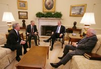 President George W. Bush and Vice President Dick Cheney speak with Senate Democratic leaders Sen. Harry Reid, second from left, and Sen. Richard Durbin at a post-election meeting in the Oval Office, Friday, Nov.10, 2006. White House photo by David Bohrer.