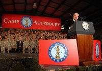 Vice President Dick Cheney addresses Indiana National Guard soldiers, airmen and family members during a Military Rally at Camp Atterbury, Indiana, Oct. 20, 2006. Indiana National Guard photo by Sgt. Michael Krieg.