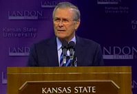 11/9/2006, RUMSFELD AT KANSAS STATE, Secretary of Defense Donald H. Rumsfeld delivers remarks at Kansas State University, Nov. 9, 2006. Following the lecture Rumsfeld will dedicate an ROTC building in honor of former Chairman of the Joint Chiefs U.S. Air Force Gen. Richard B. Myers.   Defense Dept. photo.