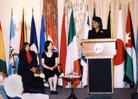 Benjamin Franklin Room, Washington, DC, September 11, 2006, Secretary Rice speaks at the International Remembrance Ceremony of the Fifth Anniversary of 9/11 Terrorist Attack.  To the Secretary's right are Rui Zheng and Floura Chowhury. State Department photo by Michael Gross.