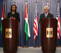 Ramallah, West Bank, October 4, 2006, Secretary Rice and Palestinian President Mahmoud Abbas held a joint press conference today in Ramallah following their meetings. Secretary Rice is traveling to Saudi Arabia, Egypt, Israel and the Palestinian Territories, October 1-5, 2006. State Department photo by Josie Duckett.