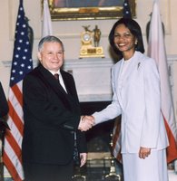 Benjamin Franklin Room, Washington, DC, September 13, 2006, Secretary Rice welcomes the Prime Minister of the Republic of Poland Jaroslaw, Kaczynski to the State Department. State Department photo by Michael Gross