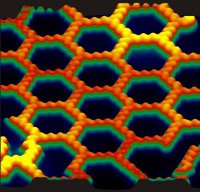 Caption: Anthraquinone molecules form chains of molecules that weave themselves into a sheet of hexagons on a polished copper surface. Credit: Ludwig Bartels's research group, UCR, Usage Restrictions: None.