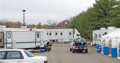Film production trailers, at Bishop DuBourg High School, in Saint Louis, Missouri