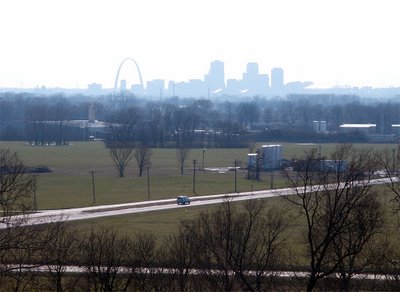 View of downtown Saint Louis, Missouri, from the top of Monk's Mound, near Collinsville, Illinois