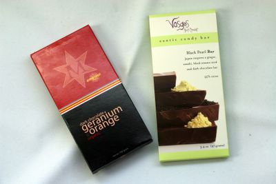 photograph picture Montezuma's dark chocolate geranium orange organic and Vosges Black pear bar