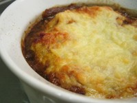 trader joe's french onion soup, cooked, with melted cheese