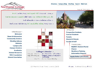 screen shot of Northwest College homepage