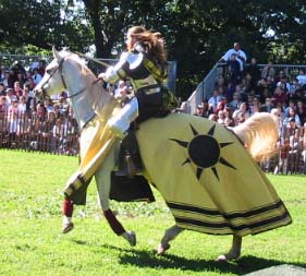 A jousting guy, Sir Angus Culdahay (ostensibly) of Scotland, and his truculent horse