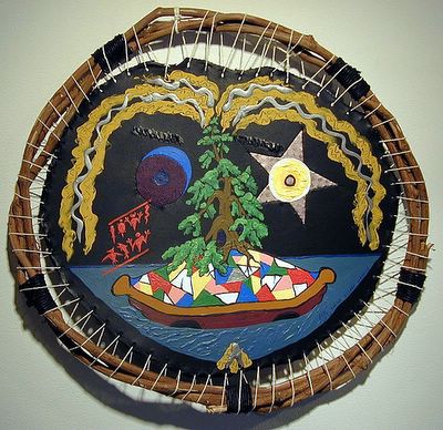 Both a three dimensional construction of leather, hemp, grapevine and thread, plus a 2D painting, by Eric Keast; Broken Vulture Art.