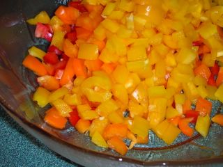 chopped bell peppers for Holy Slaw! A pile of peppers prepped for Holy Slaw!