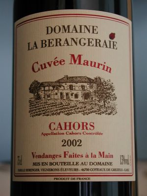 Cuvee Maurin 2002 from Domaine la Berangeraie (Cahors)